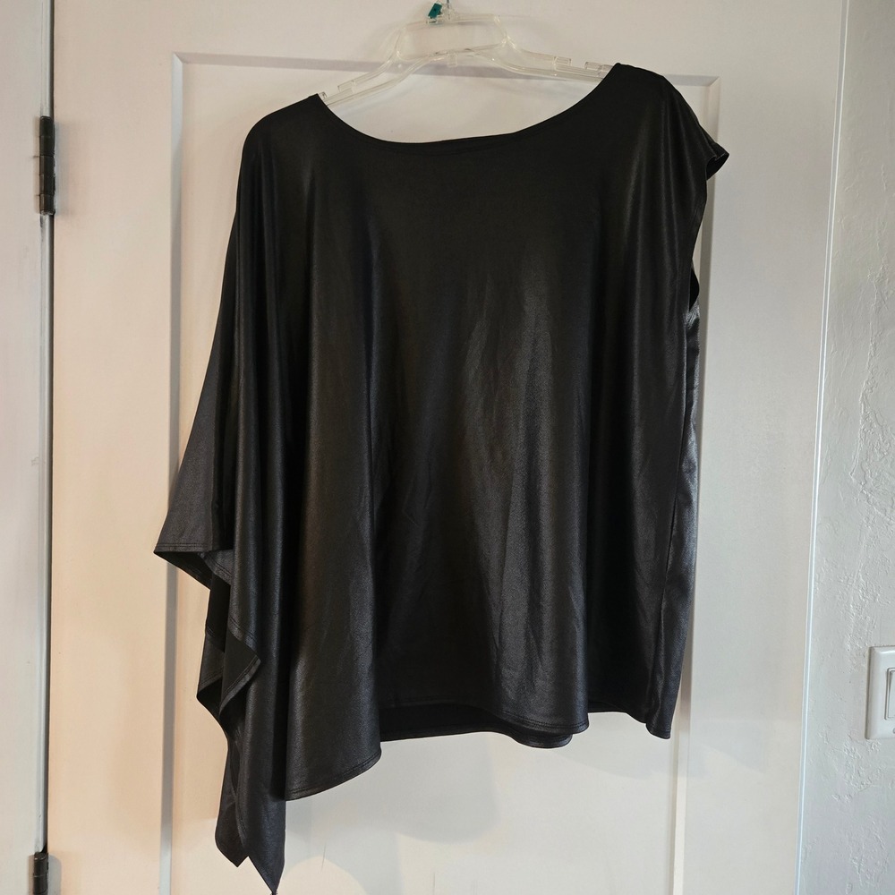 Cato Blouse Womans 14 16 Faux Leather One Shoulder Cape Sleeve Top Black New - Picture 4 of 8